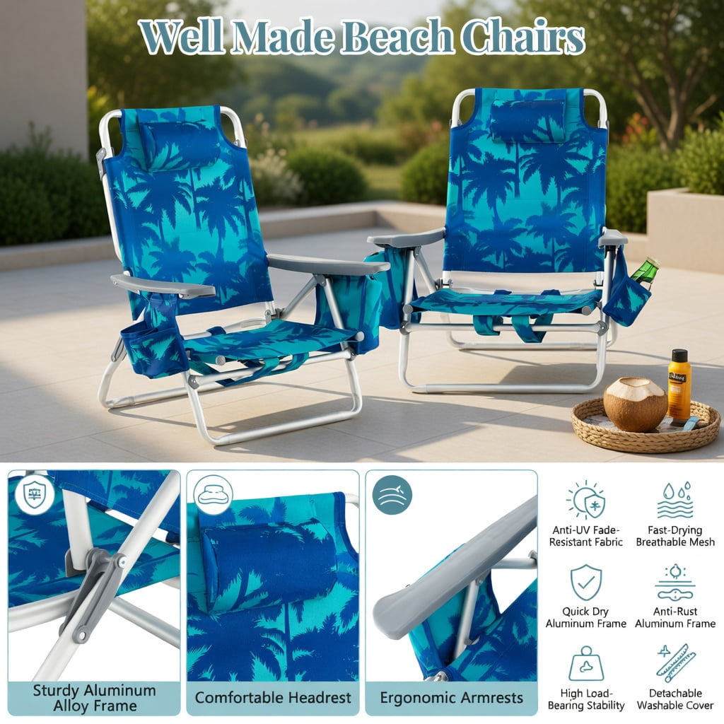 Hommoo 2-Pack Foldable Beach Chairs with Head Pillow, Adjustable Aluminum Frame, Waterproof PVC Seat, Peacock Blue