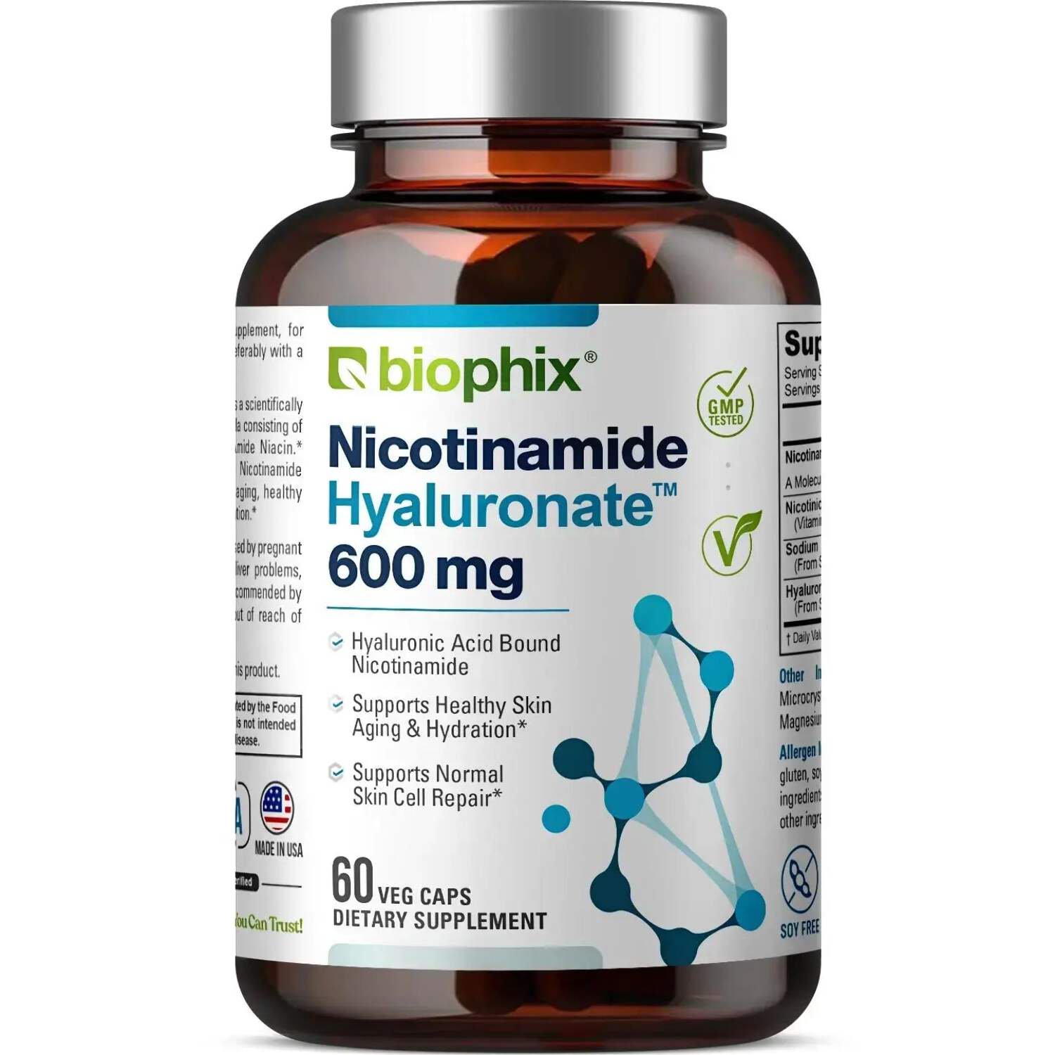 biophix B-3 Nicotinamide Hyaluronate 600 mg 60 Vcaps - Hyaluronic Acid Natural Flush-Free Nicotinic Amide Niacin - Supports Skin Cell Health