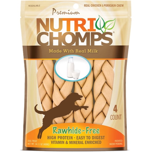 Nutri Chomps Premium Rawhide-Free Braided Dog Chews, Real Chicken, 6 Inch, 4 Count