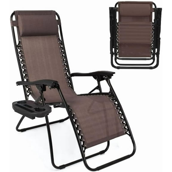 VibrantEcho Zero Gravity Lounge Chair Adjustable Outdoor Reclining Chair Folding Patio Anti-Gravity Indoor Outdoor Lounge Chair w/Pillow, Cup Holder (One Chair - Brown)