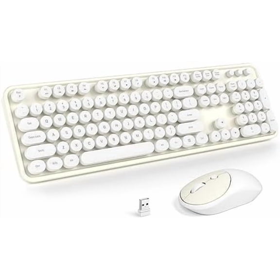 Wireless Keyboard and Mouse Combo, Computer Full Size 2.4G Plug and Play Wireless Typewriter Retro Round Keyboard and Mouse Set for Windows, Computer, Desktop, PC, Notebook - (Off White)