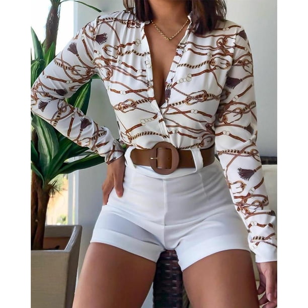 Puntoco Conjunto de dos piezas para mujer, tops estampados de manga larga con cuello en V, traje informal corto sólido, liquidación Puntoco Puntoco-805