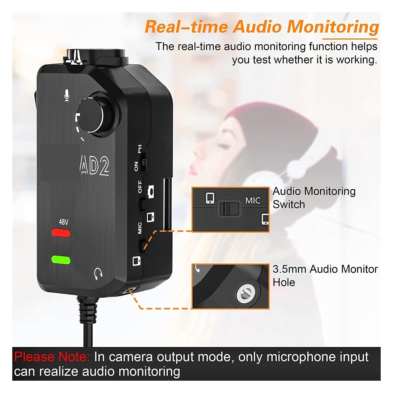AD2 XLR/ 6.35mm Preamp Adapter With 48V Phantom Power Guitar Interface Microphone Preamp