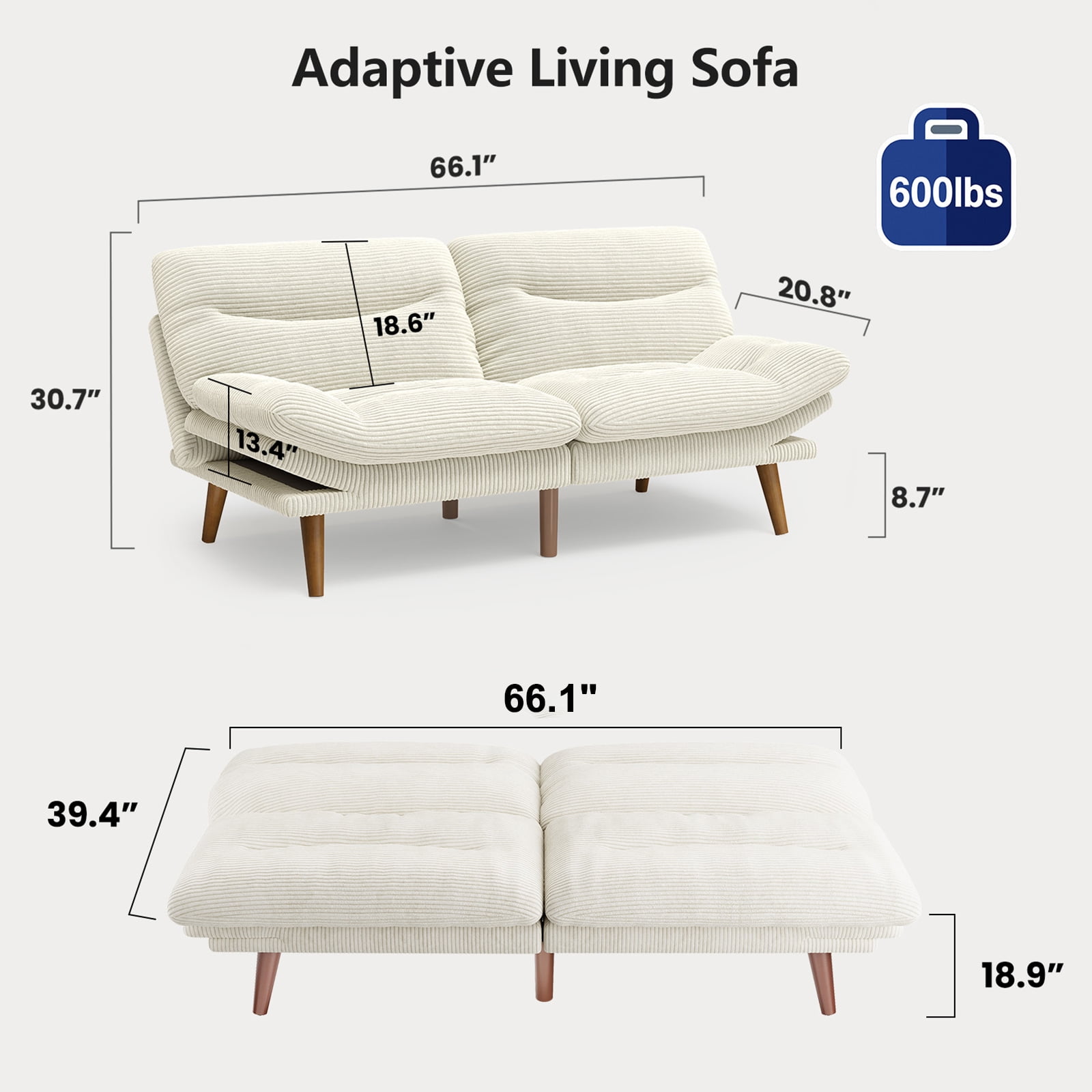 CHITOOMA 66" Futon Sofa Bed with Adjustable Backrest and 6-Level Armrests, White Corduroy Convertible Futon Couch, Comfy Loveseat for Small Spaces, Apartment or Office