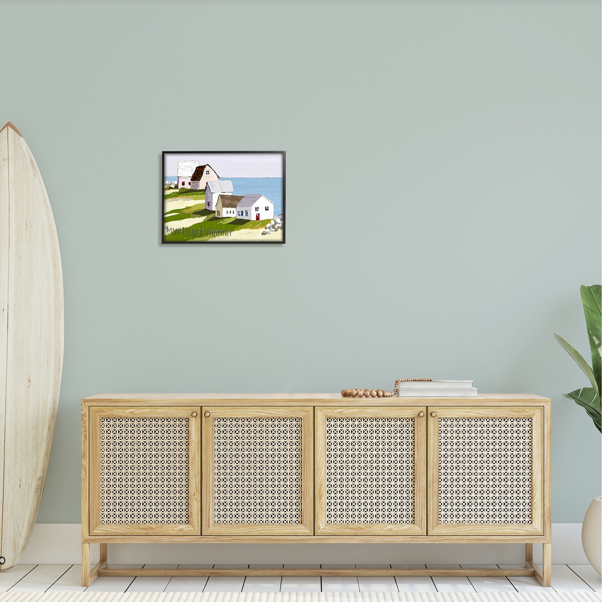 Stupell Industries Quaint Seaside Cottages Overlooking Vast Ocean Landscape Graphic Art Black Framed Art Print Wall Art, Design by Tina Finn