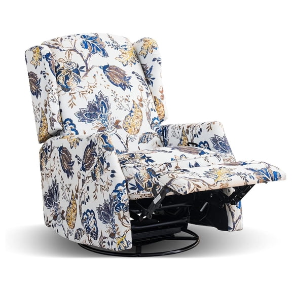 Swivel Rocker Recliner Chair, 360° Swivel Recliner with Rocking & Manual Push-Back Recline, Floral Wingback Glider Recliner for , Living Room, Bedroom, Adjustable Backrest & Footrest (Blue)