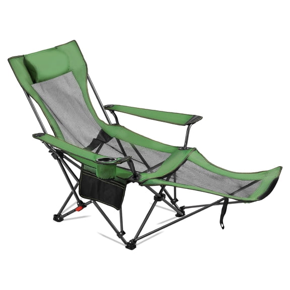VEVOR Reclining Camping Chair, 4 Adjustable Positions, Portable Folding Lounger for Adults, Mesh Beach Chair with Headrest & Foot Rest, Supports 220 lbs, Heavy Duty Camp Chairs for Patio, Green