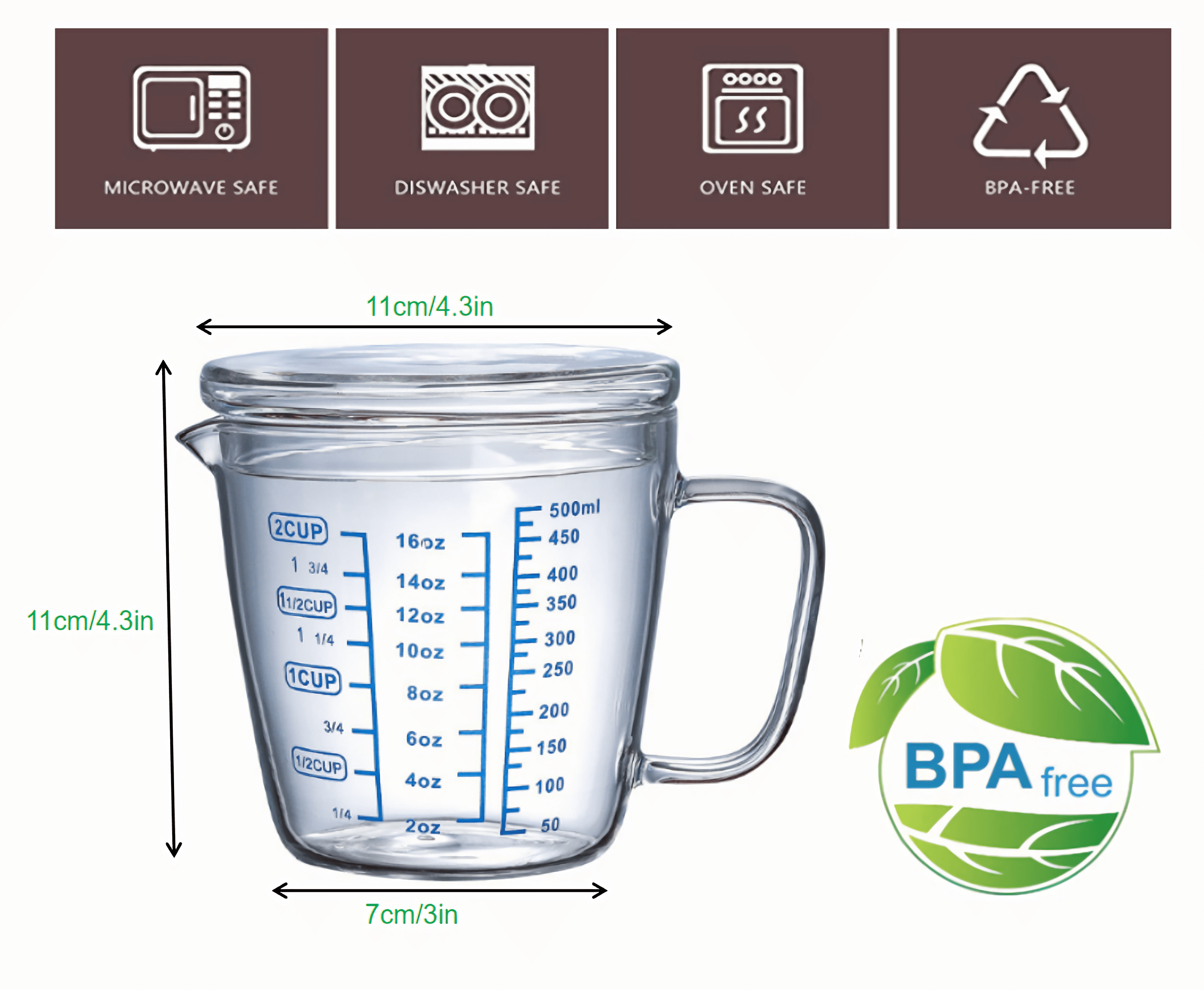 Glass Measuring Cup with Lid,Graduated Beaker Coffee Mug with Handle,Borosilicate Glass V-Shaped Spout Measure Liquid Milk Cup for Cooking Baking  (2cup/16oz/500ml)