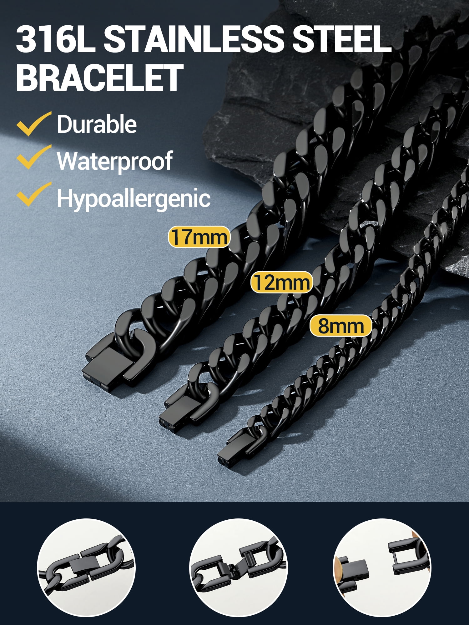 PROSTEEL Black Stainless Steel 17mm Cuban Chain Bracelets for Mens Chunky Franco Chain Bracelet 7.5 inch for Son Husband Jewelry Birthday Valentine Graduation Father Day Gifts