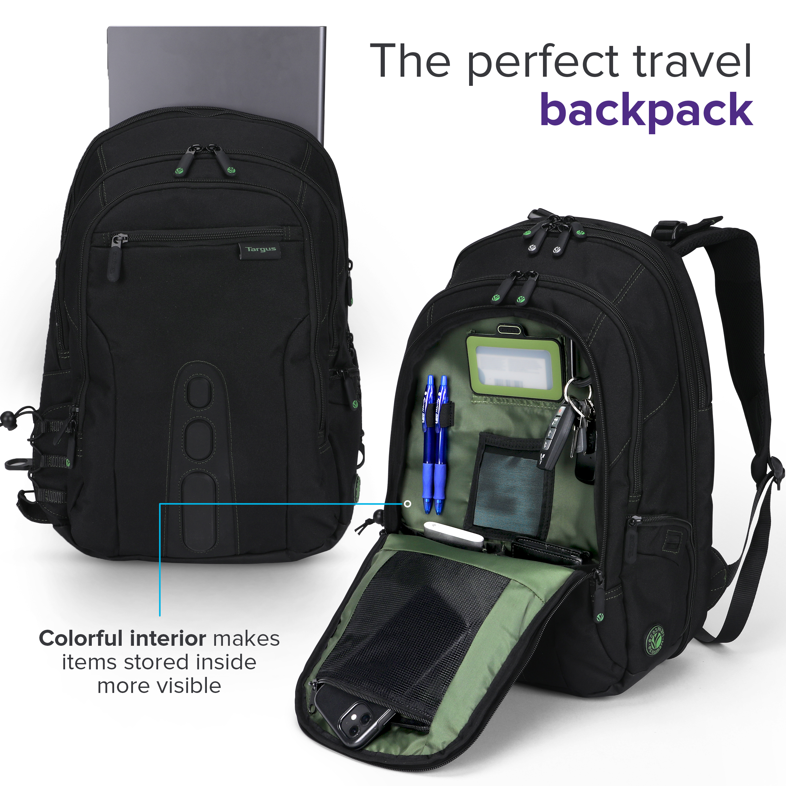 Targus EcoSmart TBB019US Carrying Case (Backpack) for 17" Notebook - Black, Green - image 3 of 9
