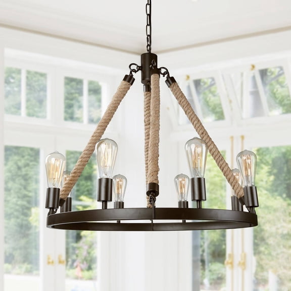 LNC 8-Light Farmhouse Round Chandelier with Rope and Dark Coffee Metal Frame