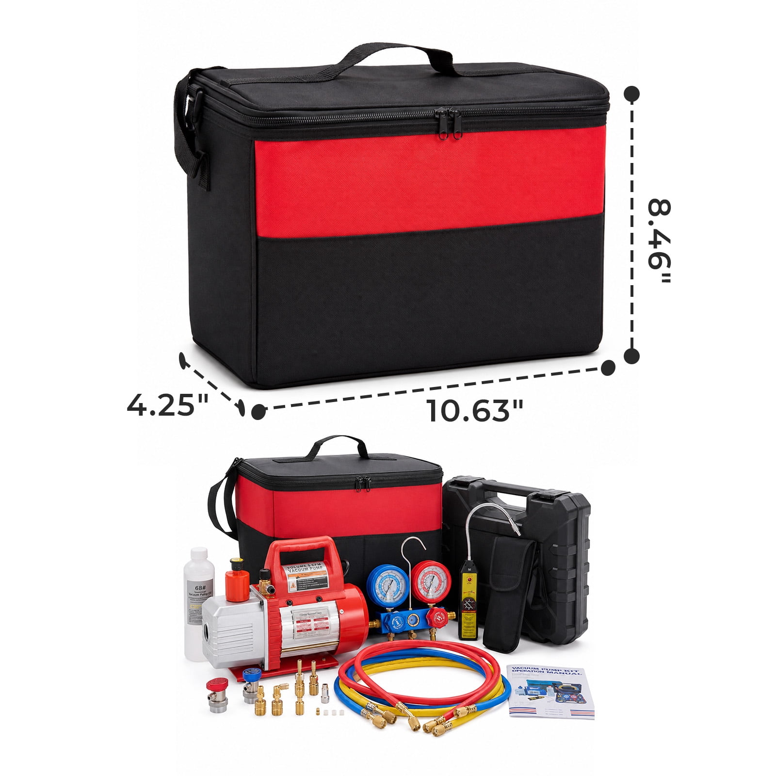 Alvantor 1/3HP 4CFM Vacuum Pump Kit with R13a R410A R22 R112 R410A Manifold Gauge Set, Leak Detector, R134a Quick Couplers, Can Tap & Carry Bag for AC Refrigeration Recharge