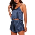 thumbnail image 2 of Yourumao Satin Pajama Set for Women Two Piece Crop Camisole Tops and Ruffle Hem Shorts Silky Pajama Sets Solid Silk Pjs for Loungewear, 2 of 7