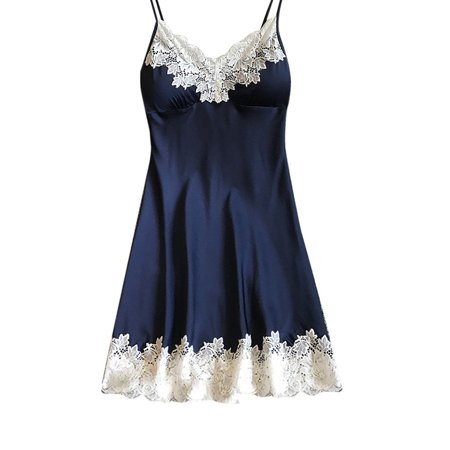 

Toyella Large Size Sexy Suspender Dress Satin Lace Stitching Nightdress Dark Blue S