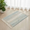 thumbnail image 3 of Blue Beige Farmhouse Bathroom Rug 2'x3', Vintage Wooden Striped Low Profile Front Entryway Rug with Tassels, Woven Cotton Washable Kitchen Mat Carpet for Foyer Bedroom Back Door Decor, 3 of 9