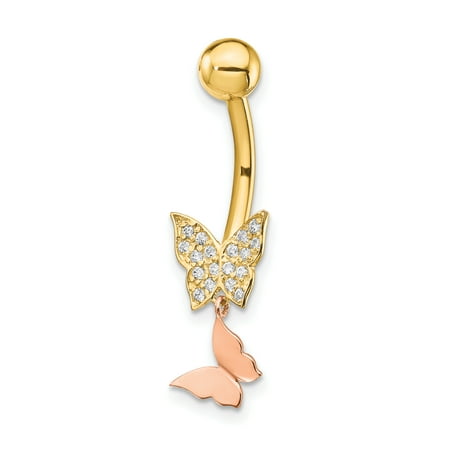 14k Yellow Gold Two Tone Double Cubic Zirconia Cz Butterfly Dangle Belly Band Ring Body Naval Gifts For Women For Her