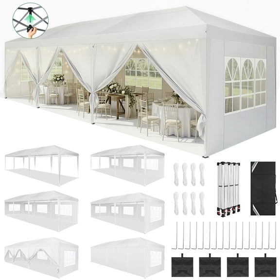 HOTEEL 10x30 Pop up Canopy Tent with 8 Sidewalls, One Push Setup Easy Waterproof Commercial Instant Shelter Tent for Wedding, Courtyard, Parties with Carry Bag & 4 Sandbags, White