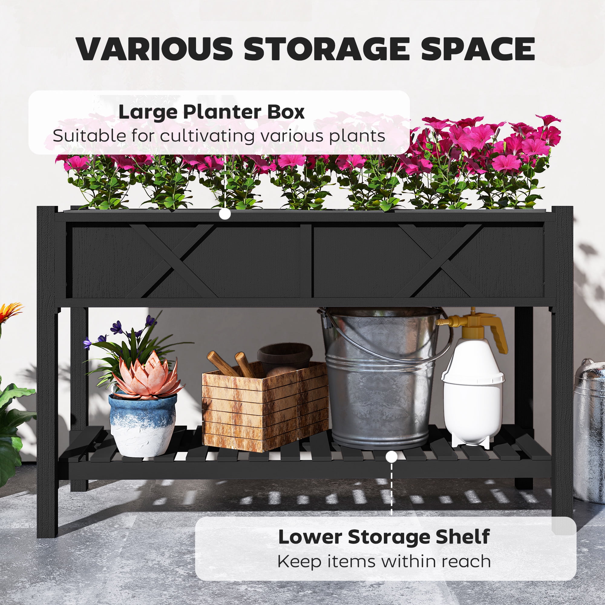 Elevated Wood Planter Box, Raised Garden Bed with Storage Shelf, Drainage Holes and Liner