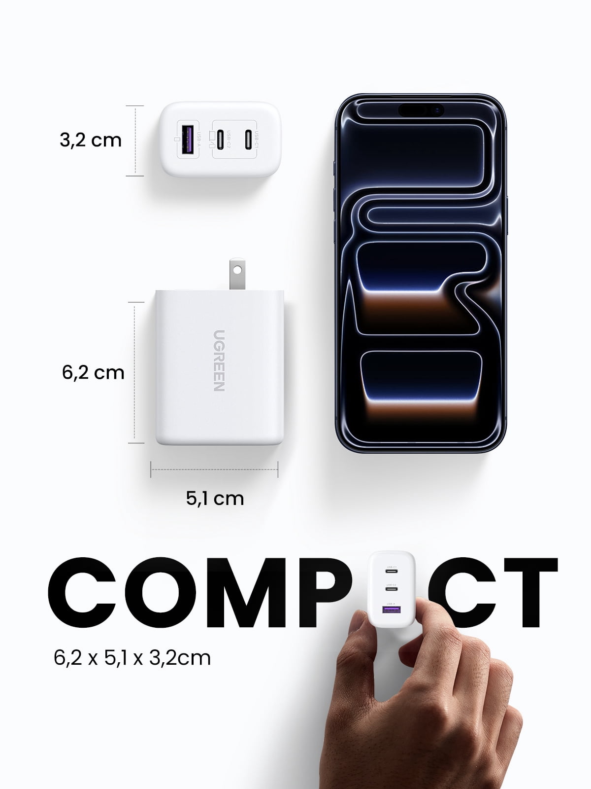 UGREEN USB C Charger 65W, 3 in 1 Fast Wall Charger Compatible for iPhone 8-16/Samsung Galaxy, White