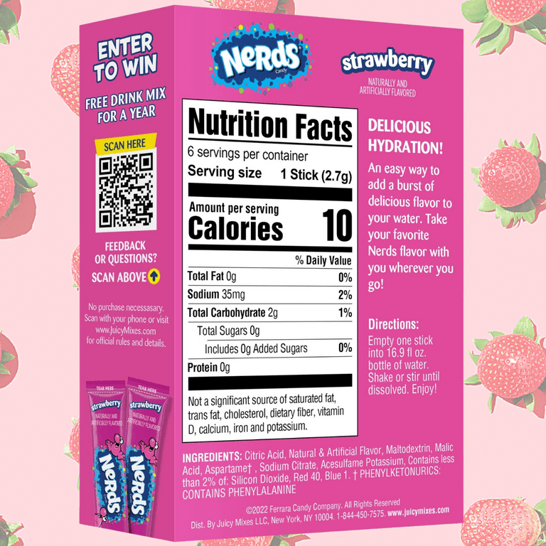 Nerds Sugar-Free Strawberry Drink Mix, Low Calorie, On-The-Go, 6 