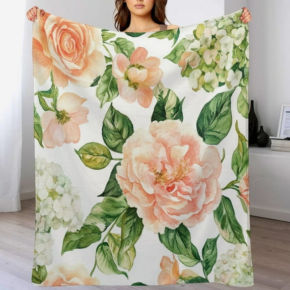 Warm Flannel Blanket Peach And Green Watercolor Floral Roses Hydrangeas Soft Warm Cozy Fleece Holiday Throw Blanket for Winter Bedding Couch And Gift Vintage Flower Spring Summer 50"x60"