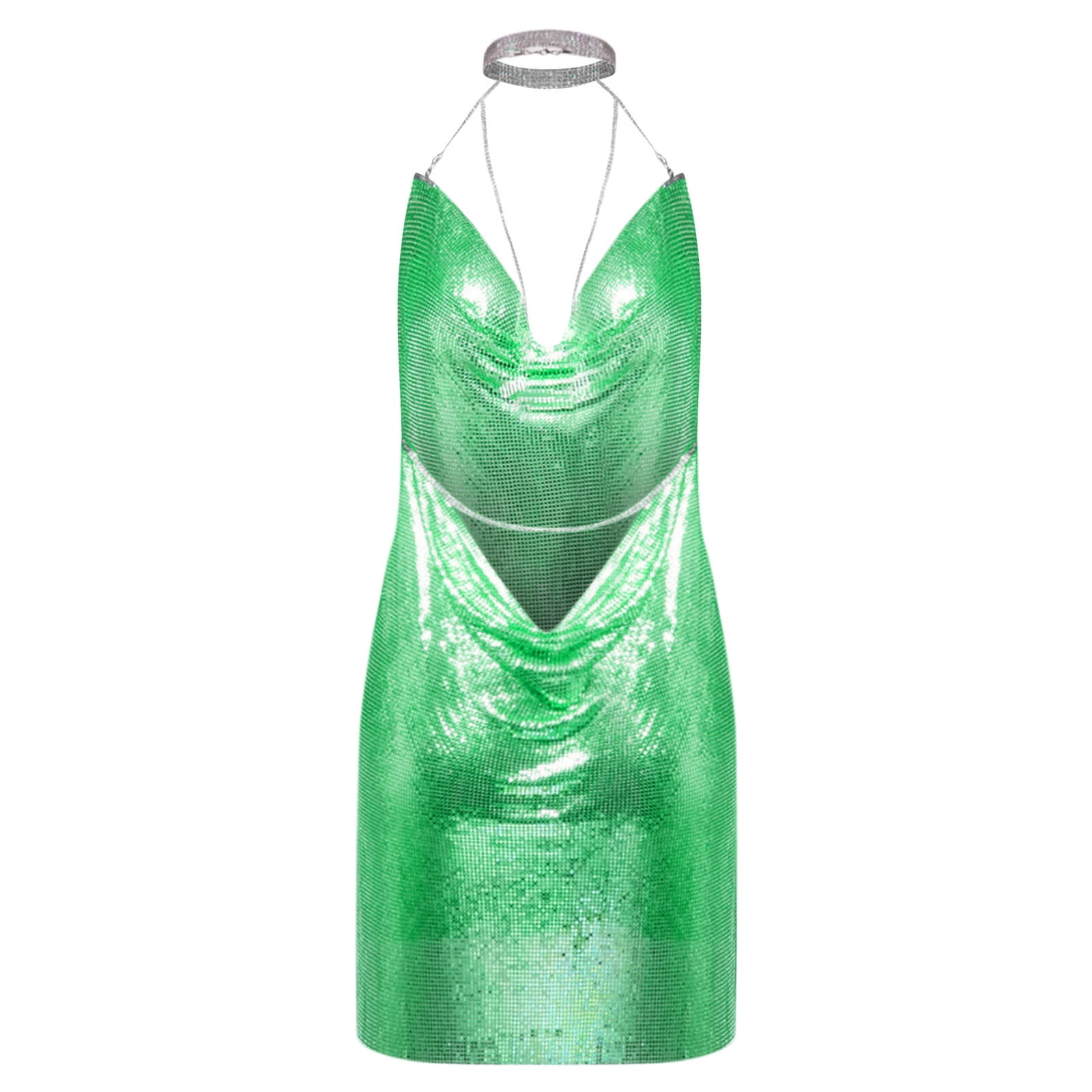 Women Sexy Halter Mini Dress Y2K Low Cut Mini Dress Sleeveless Cowl Neck  Spaghetti Strap See Through Metal Chain Halter Sequin Glitter Sparkle Dance  Costume Festival Club Cover Up Ladies - Walmart.com