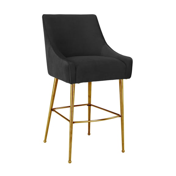 TOV Furniture Beatrix Pleated Dark Grey Velvet Bar Stool with Gold Legs