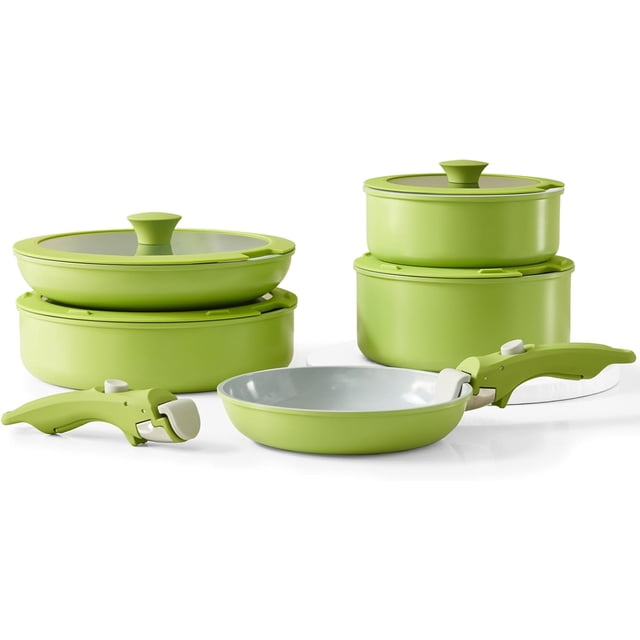 Vkoocy Non Stick Pot and Pan Set with Removable Handle, Ceramic Cookware Set Detachable Handle, Induction Kitchen Camping Stackable Pots Pans, Dishwasher/Oven Safe, Avocado Green, CK003gn