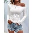 thumbnail image 4 of Women'S Casual Long Sleeve Boat Neck Off Shoulder Slim Fit Crop Top Going Out Blouses Y2K Tight Shirts White XL, 4 of 6