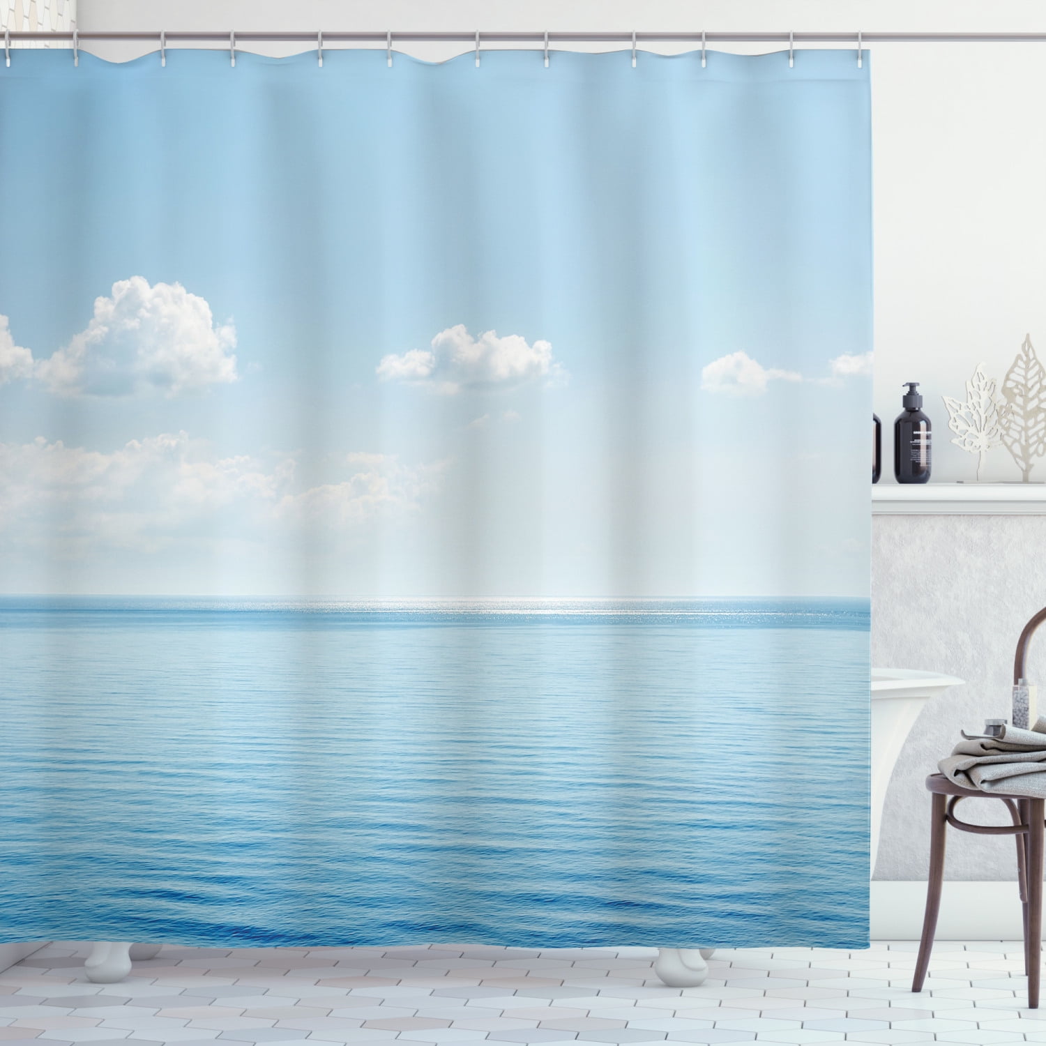 Blue Sky Ocean Beach Waterproof Fabric Shower Curtain Set Bathroom Mat Hooks 
