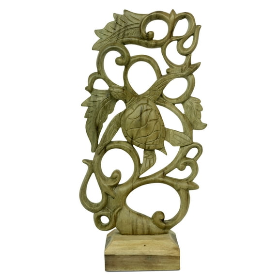 13" Wooden Tortoise Turtle Sculpture Decor On Stand Hand Carved Wood Figurine Handcrafted Statue Handmade Seaside Tropical Nautical Ocean Coastal Art