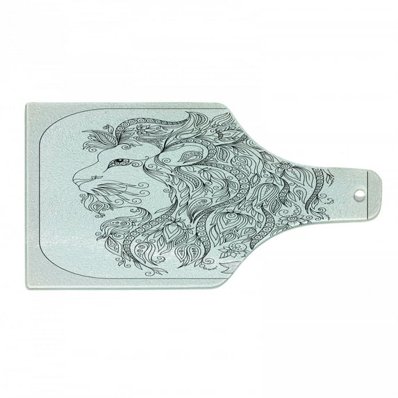 Zodiac Cutting Board, Visage of Zodiac Sign Leo with Flowers on Hair the King of Forest Horoscope Theme, Tempered Glass Cutting and Serving Board, Wine Bottle Shape, Black White, by Ambesonne
