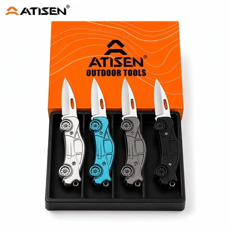 ATISEN 4-Piece Mini Folding Pocket Knife Set Car-Shaped Handle Utility Knives with Keyring Holes Compact Everyday Carry Knife Set Black Gray Blue Silver Gift Box