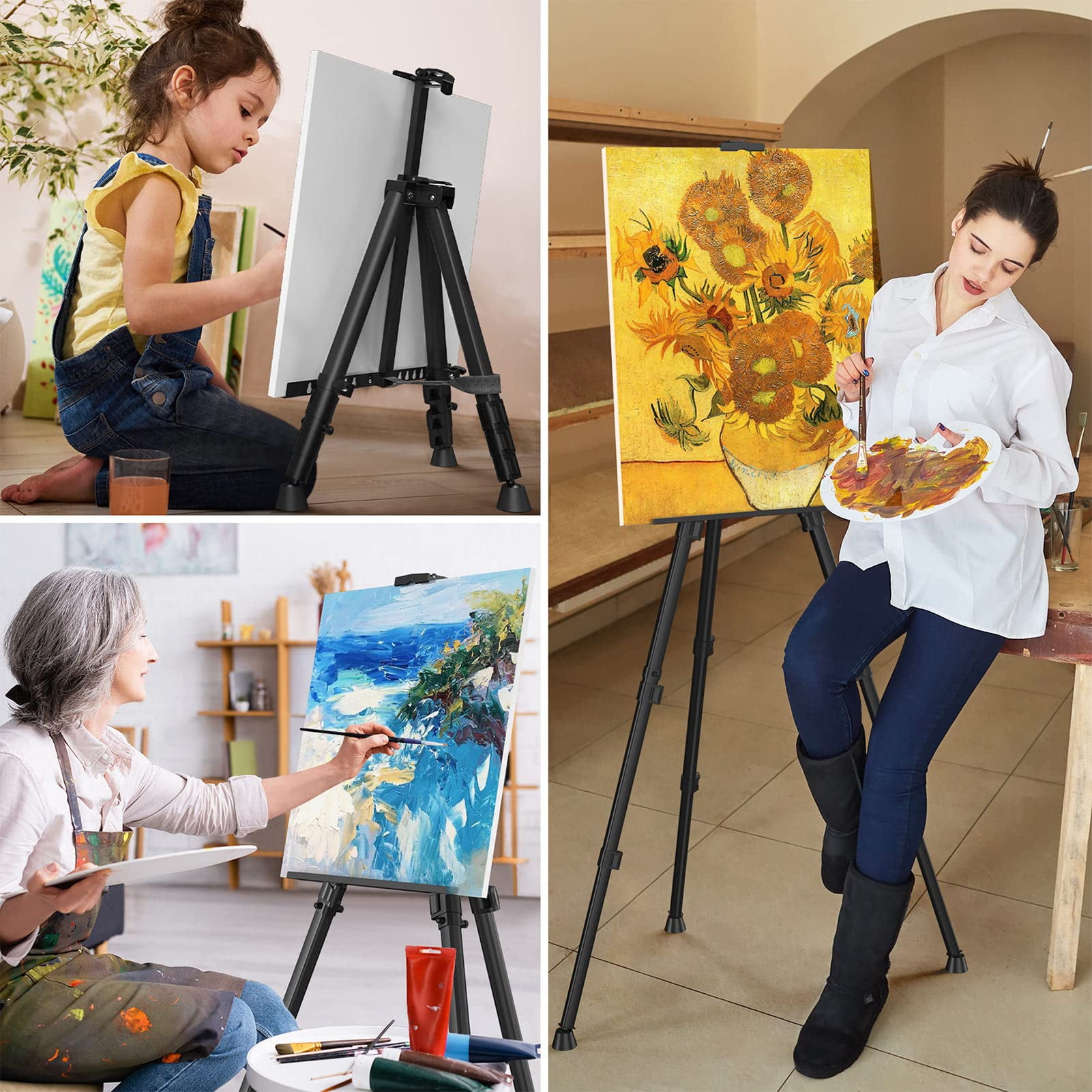Art Painting ArtistTRDN&nbsp;Easel Stand, Portable Adjustable Aluminum Metal Tripod Display Easel with Bag, Height from 17 to 66 inch for Table-Top/Floor Drawing and Displaying, Black