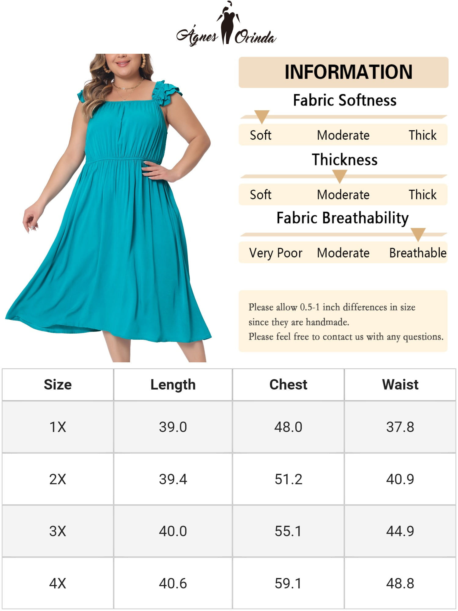 DARING DIVA Women's Plus Size Ruffle Cap Sleeve Shirred Waist A Line Dress 3X Lake Blue