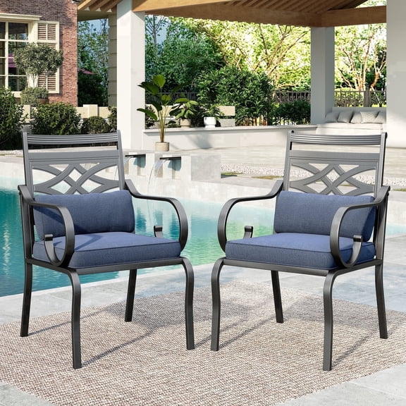 SUMMIT LIVING 2-Piece Outdoor Patio Dining Chairs with Removable Cushions & Pillows, Black & Blue