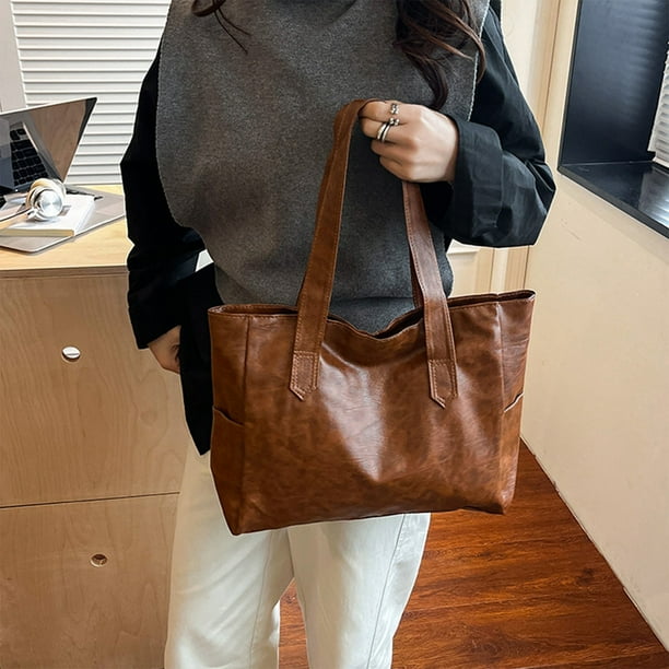Bolso de mano de piel de poliuretano, gran capacidad, ligero, diseño a rayas, fácil de llevar, para uso diario, viajes, compras y oficina | Negro y marrón