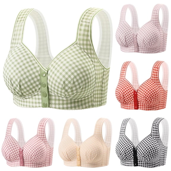 YanHoo Women's Plus Size Front Closure Bras No Underwire Wireless Plaid Bra Full Coverage Push Up Bralettes Seamless Everyday Bra