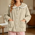 thumbnail image 4 of XRoczxe Women Fuzzy Fleece Button Front Sleep Jacket Lace Ruffle Peter Pan Collar Large Side Pockets Soft Warm Winter Loungewear Coat 7 Elegant Solid Colors, 4 of 5