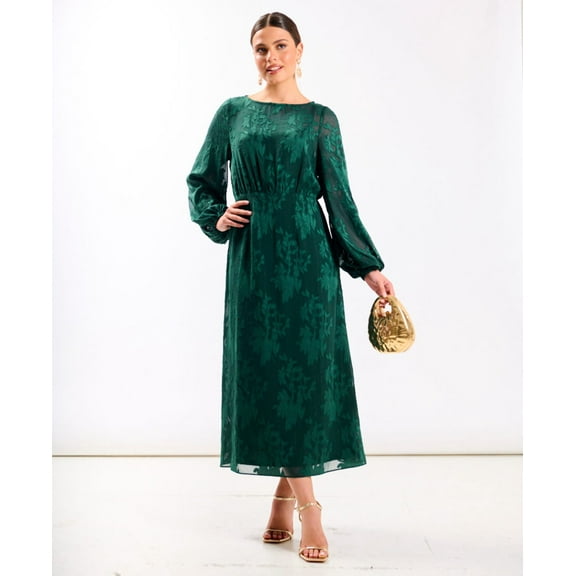 Green Long Sleeve Jacquard Midi Dress
