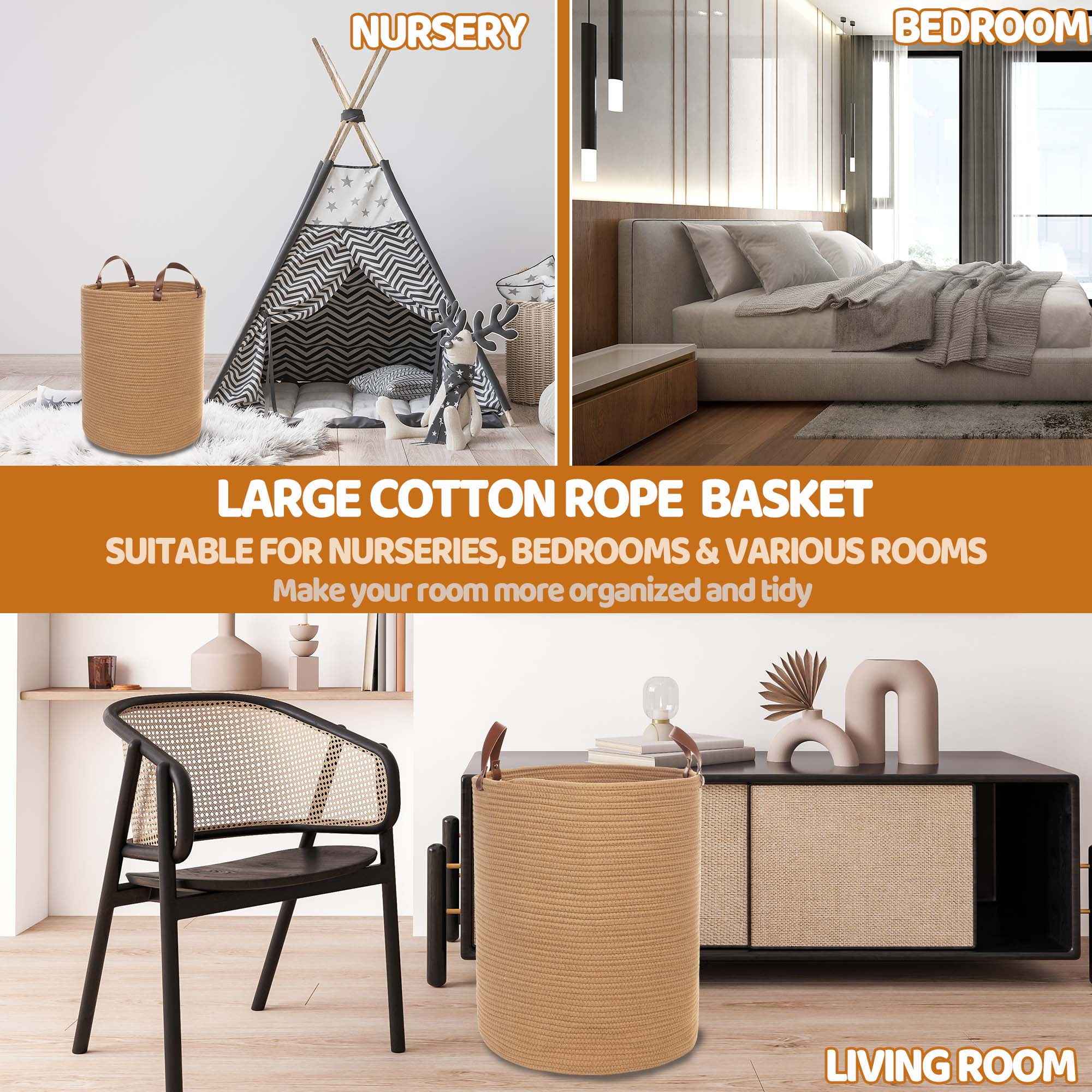 Caroeas XXXL Extra Large Rope Basket, 16''x20'' Woven Storage Basket with Leather Handles, Blanket Basket for Living Room, Tall Nursery Basket, Storage Organizer, Brown
