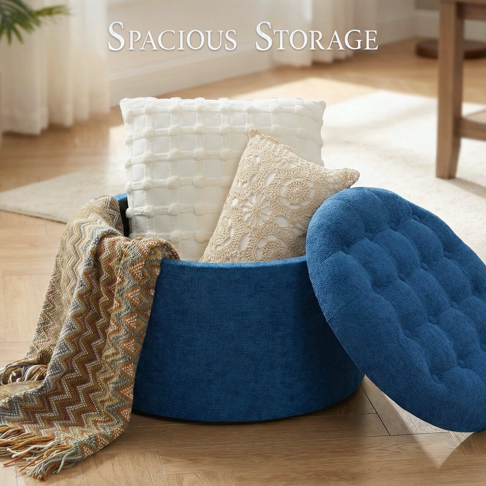 Dovov 25" Tufted Round Ottoman with Storage, Large Storage Ottoman Footrest Flip Top Foot Stool, 220lbs Capacity, Blue