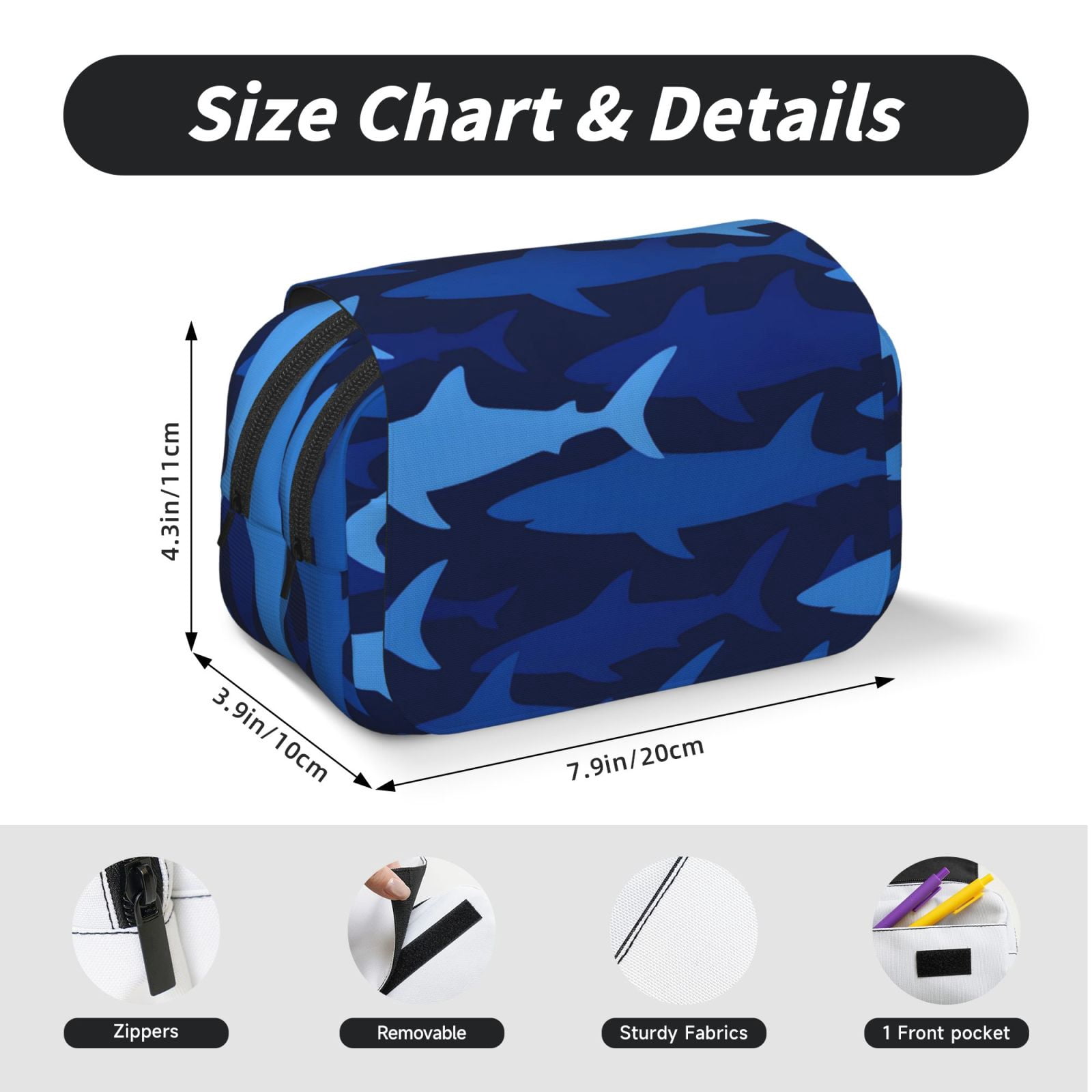 Large-Capacity Flip-Top Double-Layer Pencil Case, Multi-Functional Pocket Pen Case, Durable Stationery Organizer Blue Camouflage Shark Pattern