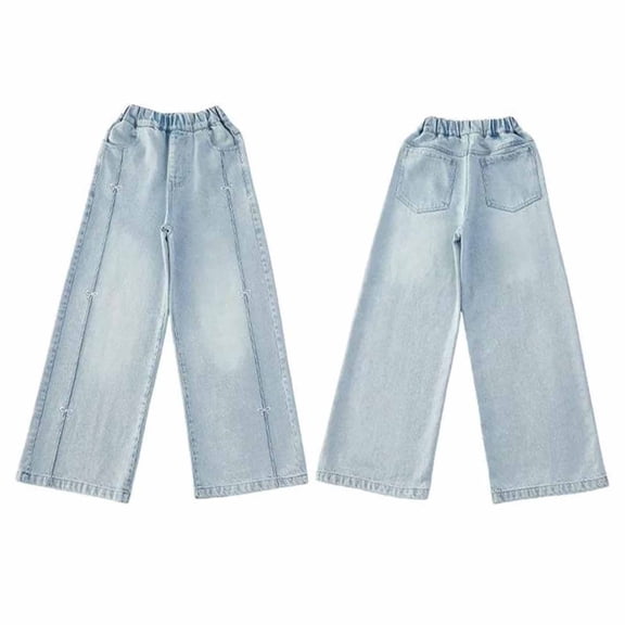 Teen Girls Wide Leg Loose Jeans Solid Color Denim Summer Pants Casual Trousers For Kids Baggy Straight Pants Size 13-14T