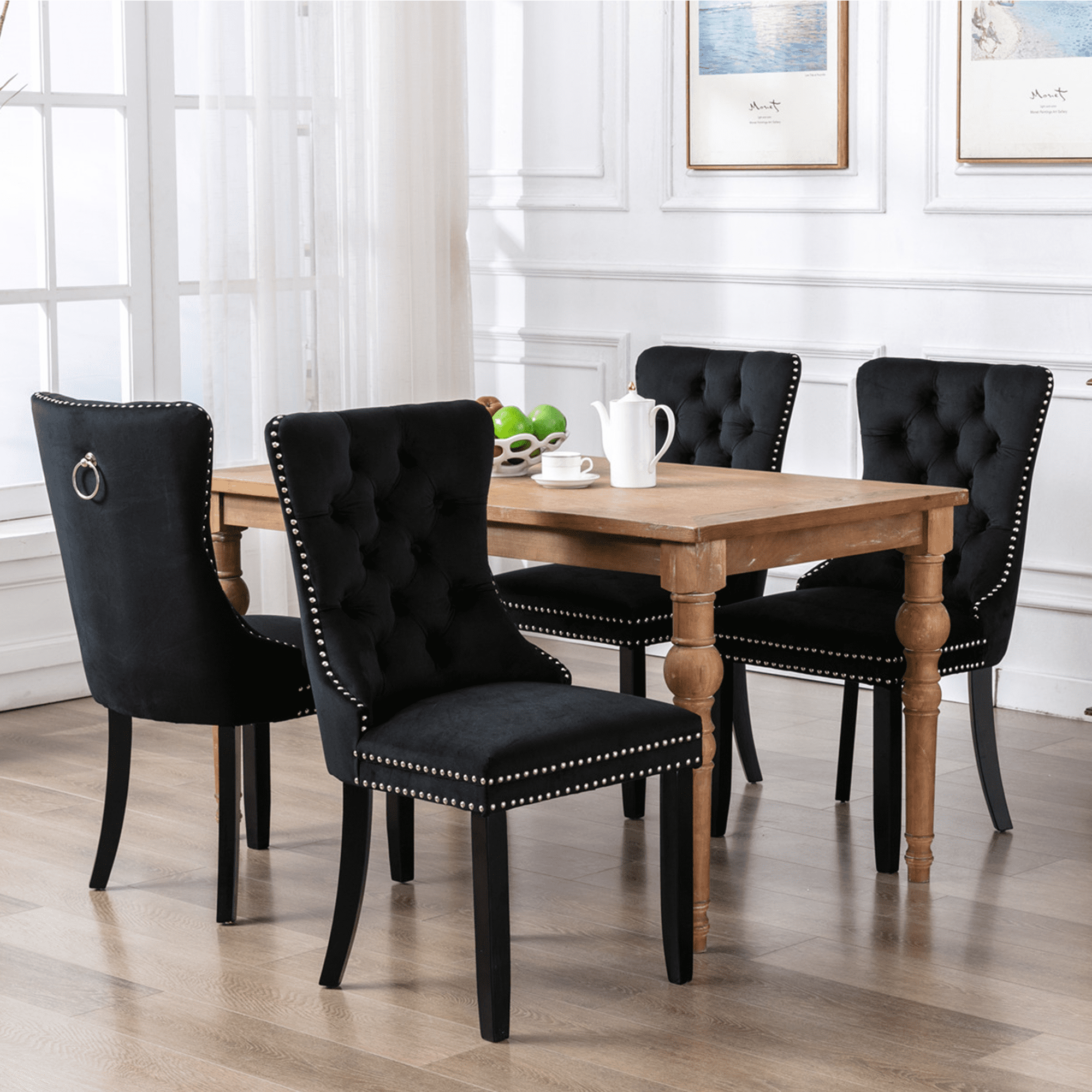 PORKISS Dining Chairs Set of 4, Upholstered High-End Tufted Dining Room Chair with Back Ring and Nailhead Trim, Modern Velvet Chairs with Solid Wood Legs for Kitchen,Black