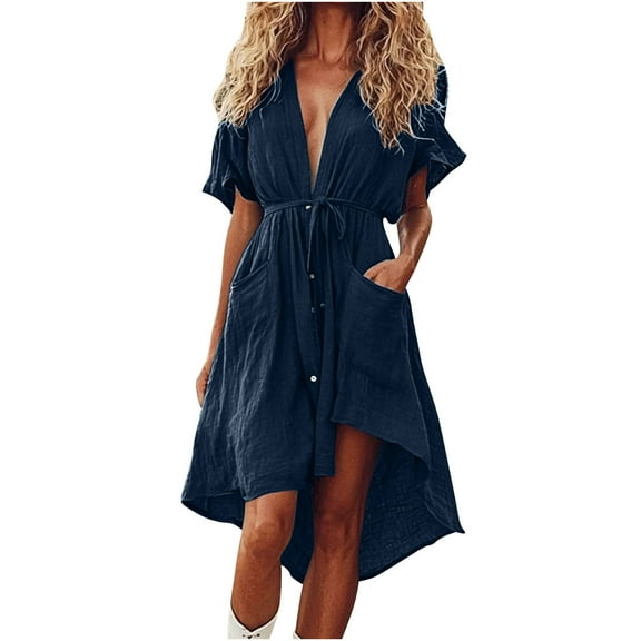 Ecqkame Women's Summer Casual Dresses Sexy Waist Drawstring Button Beach Midi Dress Fashion V Neck Short Sleeve Vacation Sundresses with Pockets Navy XXL