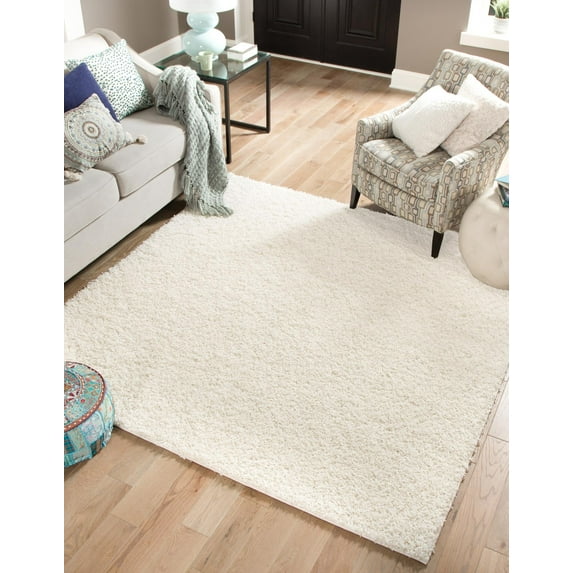 Rugs.com Comfort Solid Shag Collection Rug – 7 Ft Square Snow White Shag Rug Perfect For Living Rooms, Kitchens, Entryways
