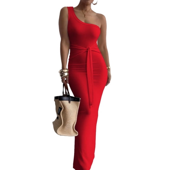Women’s Sexy Slim One Shoulder Neck Long Dress Sleeveless Summer Cocktail Maxi Dresses for Women Red M