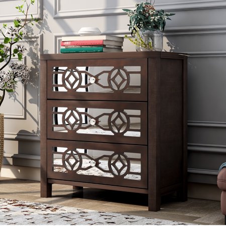 CLEARANCE! TREXM Wooden Storage Cabinet with 3 Drawers and Decorative Mirror  Natural Wood (Espresso)