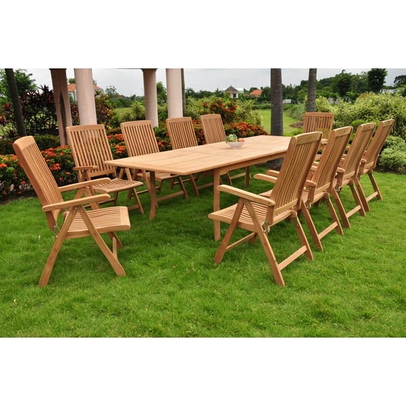 Teak Dining Set:10 Seater 11 Pc - 117" Rectangle Table And 10 Marley Reclining Arm Chairs Outdoor Patio Grade-A Teak Wood WholesaleTeak #WMDSMRd